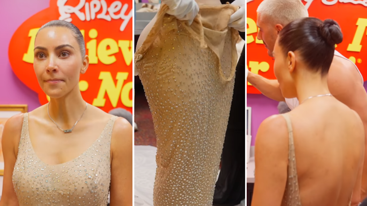 Kim Kardashian mientras se probada el vestido de Marilyn Monroe.