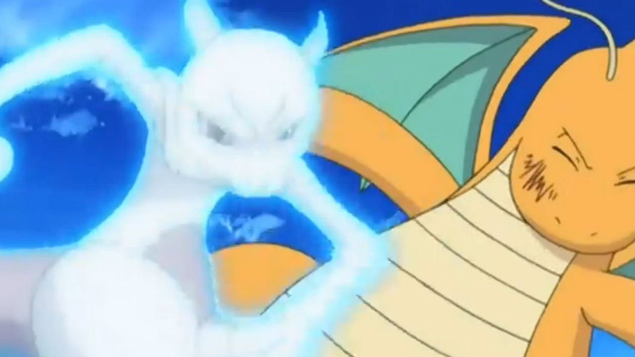 El Dragonite del profesor Oak peleando contra un Mewtwo.